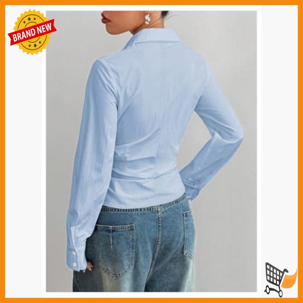 Long Sleeve Wrap Button Down Blouse Asymmetrical … - image 3